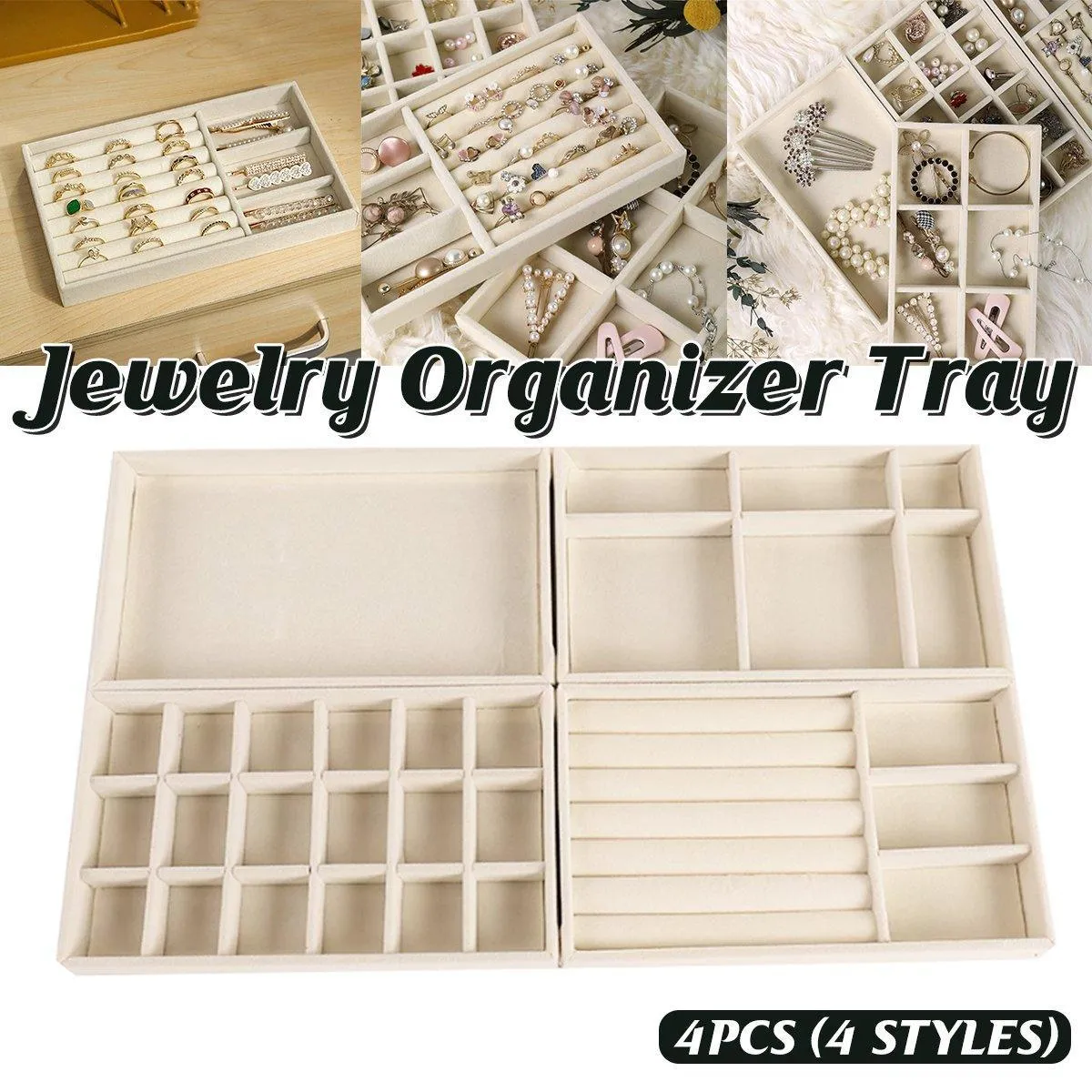 4PCS Flannel Jewelry Storage Trays Necklace Ring Earrings Organizer