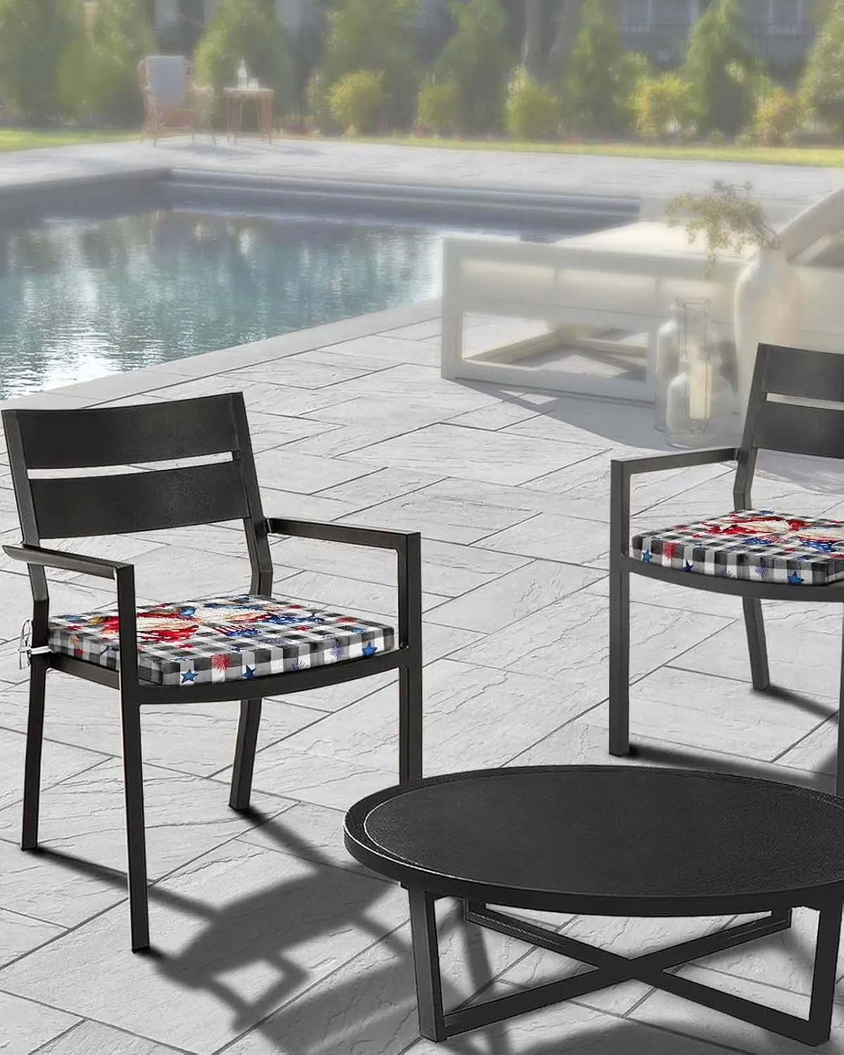 4th of July Gnomes Outdoor Cushion Chair Cover Set of 2 - Waterproof Couch Seat Covers, Star Independence Day Black Plaid Patio Furniture Protector Cushions Slipcovers for Sofa/RV, 20"x18"x4"