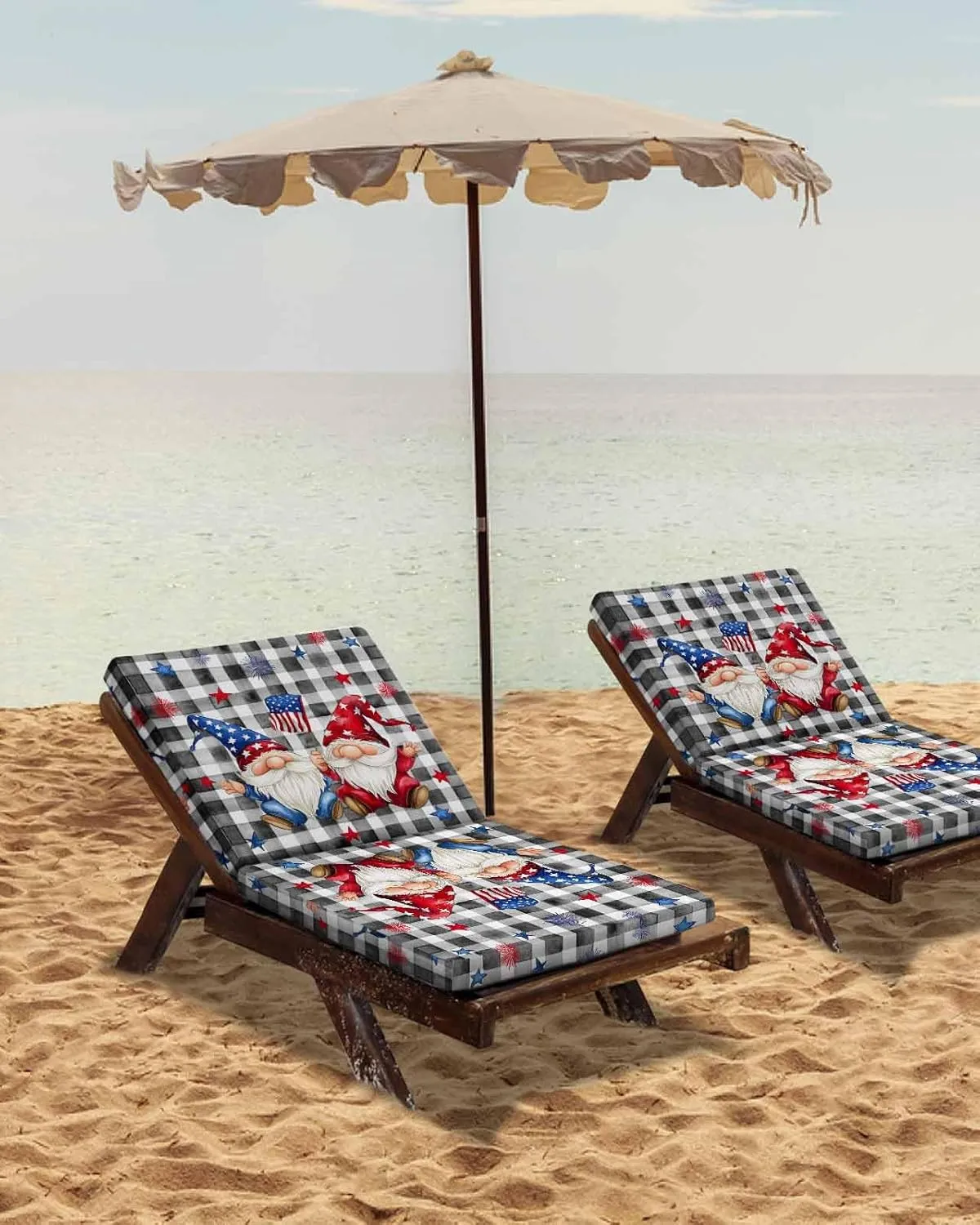 4th of July Gnomes Outdoor Cushion Chair Cover Set of 2 - Waterproof Couch Seat Covers, Star Independence Day Black Plaid Patio Furniture Protector Cushions Slipcovers for Sofa/RV, 20"x18"x4"