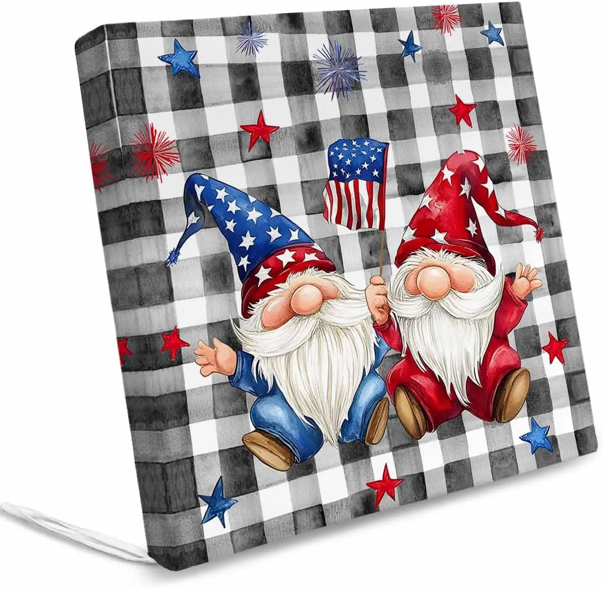 4th of July Gnomes Outdoor Cushion Chair Cover Set of 2 - Waterproof Couch Seat Covers, Star Independence Day Black Plaid Patio Furniture Protector Cushions Slipcovers for Sofa/RV, 20"x18"x4"