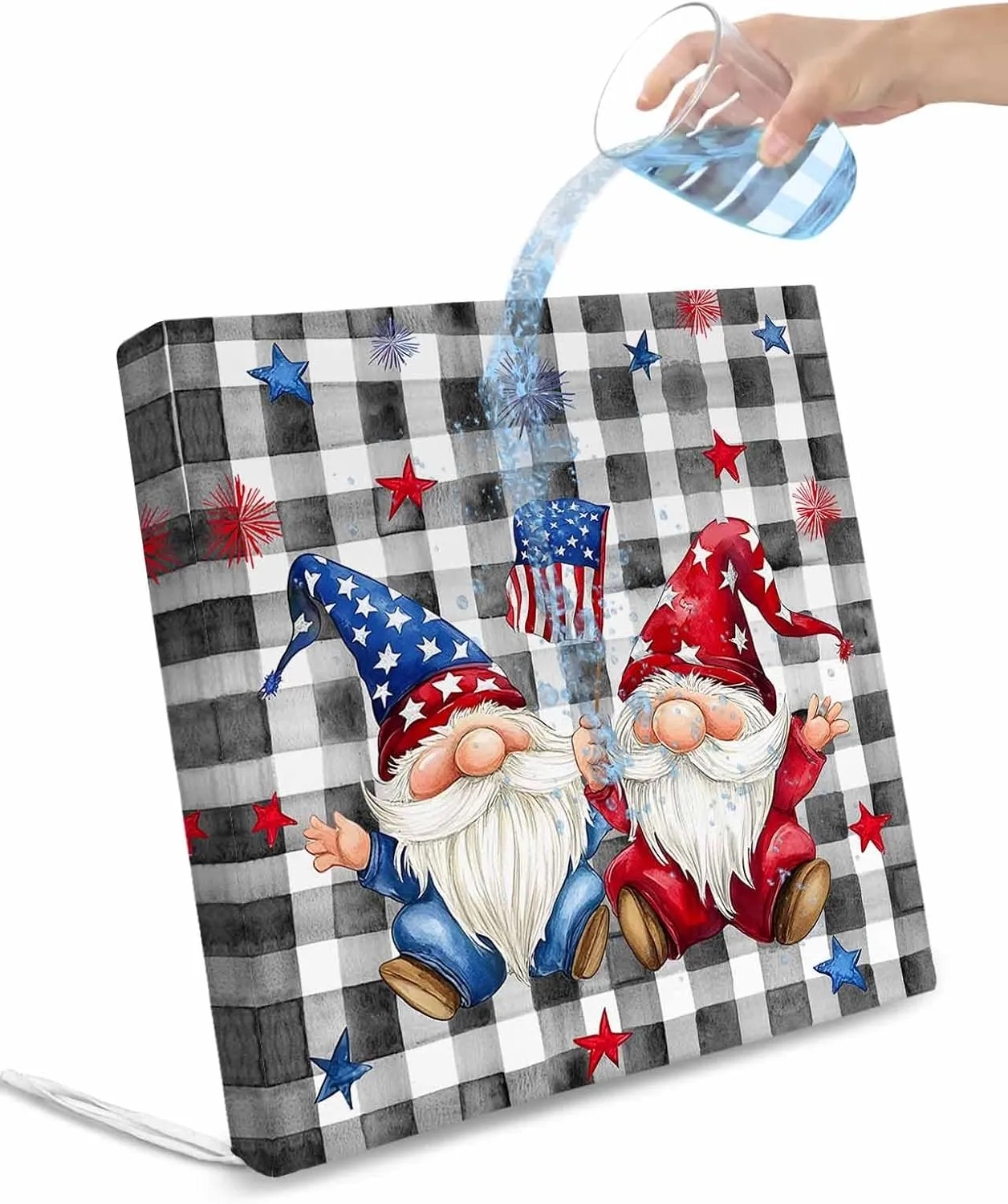 4th of July Gnomes Outdoor Cushion Chair Cover Set of 2 - Waterproof Couch Seat Covers, Star Independence Day Black Plaid Patio Furniture Protector Cushions Slipcovers for Sofa/RV, 20"x18"x4"