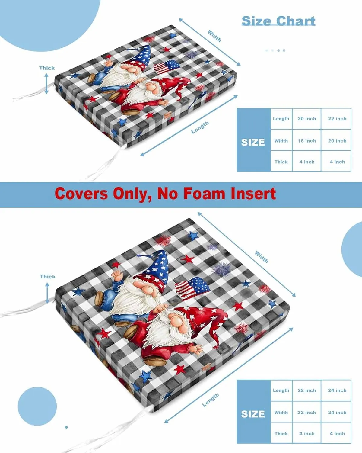 4th of July Gnomes Outdoor Cushion Chair Cover Set of 2 - Waterproof Couch Seat Covers, Star Independence Day Black Plaid Patio Furniture Protector Cushions Slipcovers for Sofa/RV, 20"x18"x4"