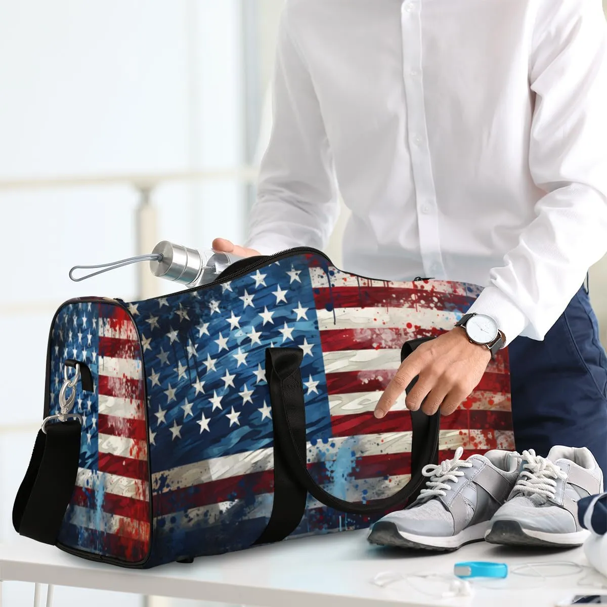 4th of July Travel Duffle Bag, Sports Gym Bags for Women Men, Carry On Weekender Overnight Bag, Memorial Day USA Flag Workout Hospital Airplane Trips Bag