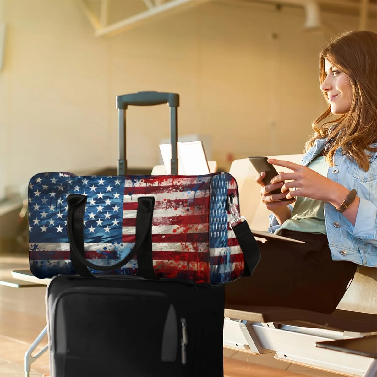 4th of July Travel Duffle Bag, Sports Gym Bags for Women Men, Carry On Weekender Overnight Bag, Memorial Day USA Flag Workout Hospital Airplane Trips Bag