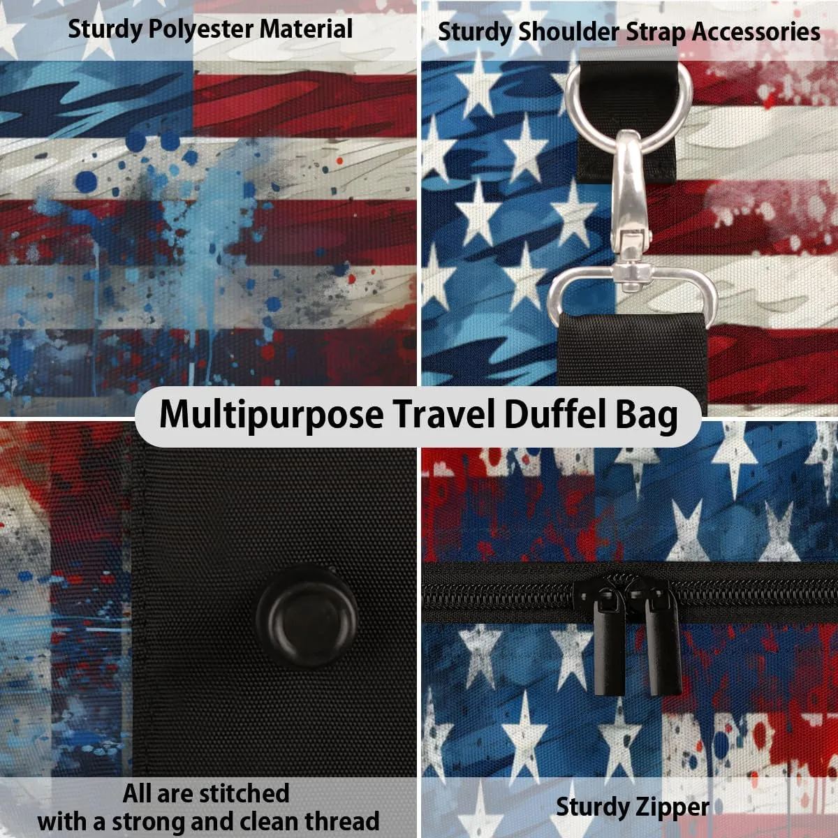 4th of July Travel Duffle Bag, Sports Gym Bags for Women Men, Carry On Weekender Overnight Bag, Memorial Day USA Flag Workout Hospital Airplane Trips Bag