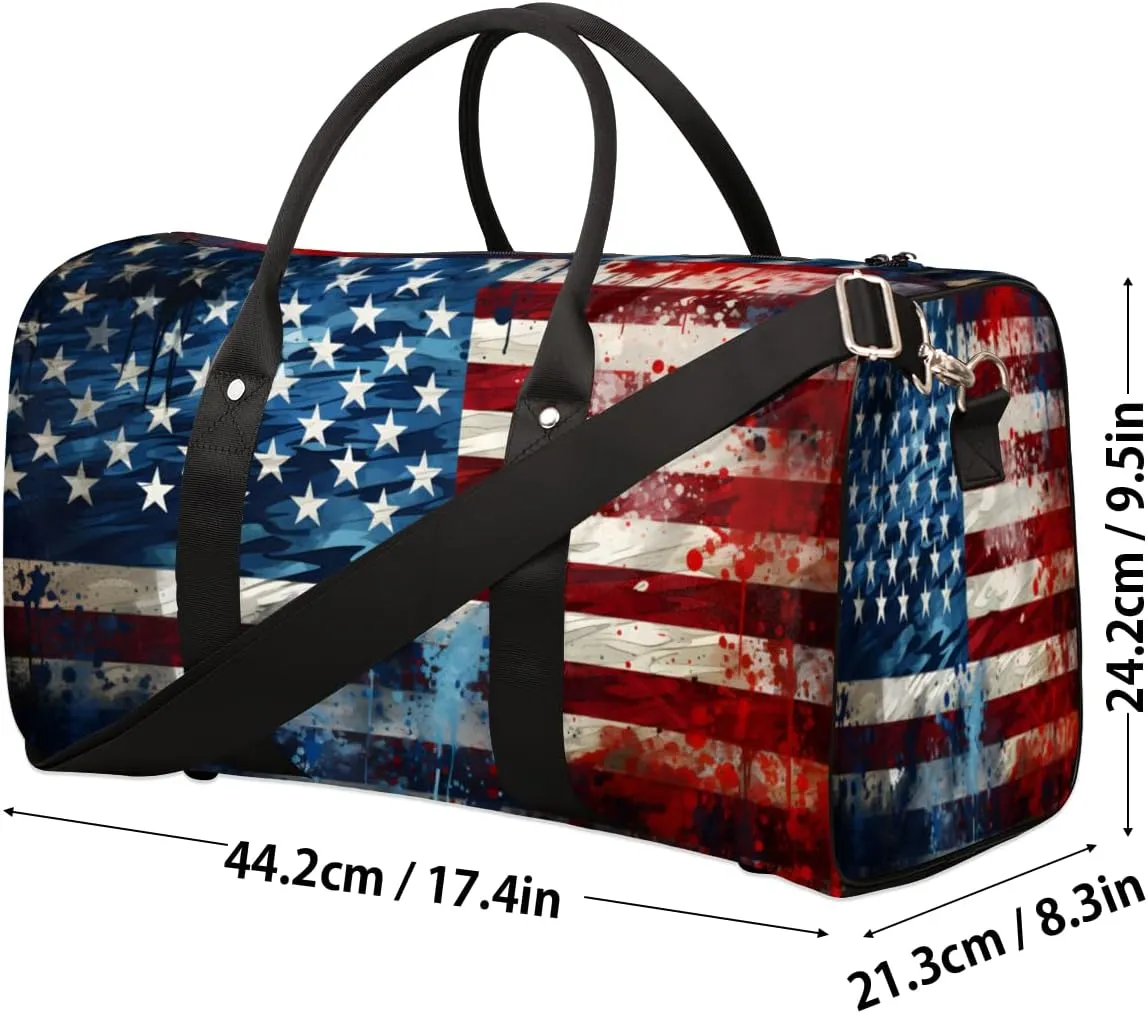 4th of July Travel Duffle Bag, Sports Gym Bags for Women Men, Carry On Weekender Overnight Bag, Memorial Day USA Flag Workout Hospital Airplane Trips Bag