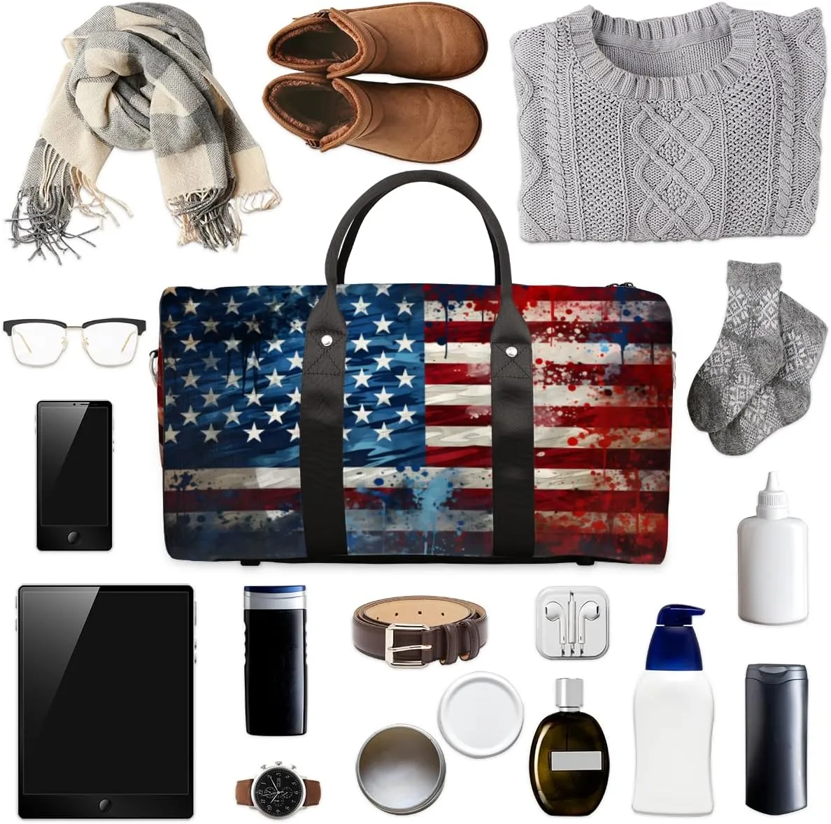 4th of July Travel Duffle Bag, Sports Gym Bags for Women Men, Carry On Weekender Overnight Bag, Memorial Day USA Flag Workout Hospital Airplane Trips Bag