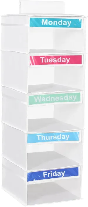 5-Shelf Weekly Clothes Organizer for Kids,Hanging Closet Shelves,Collapsible Monday Friday Clothes Organizer,School Clothes Organizer Day of Week,Dorm Room Essential Daily Kids Closet Organizer