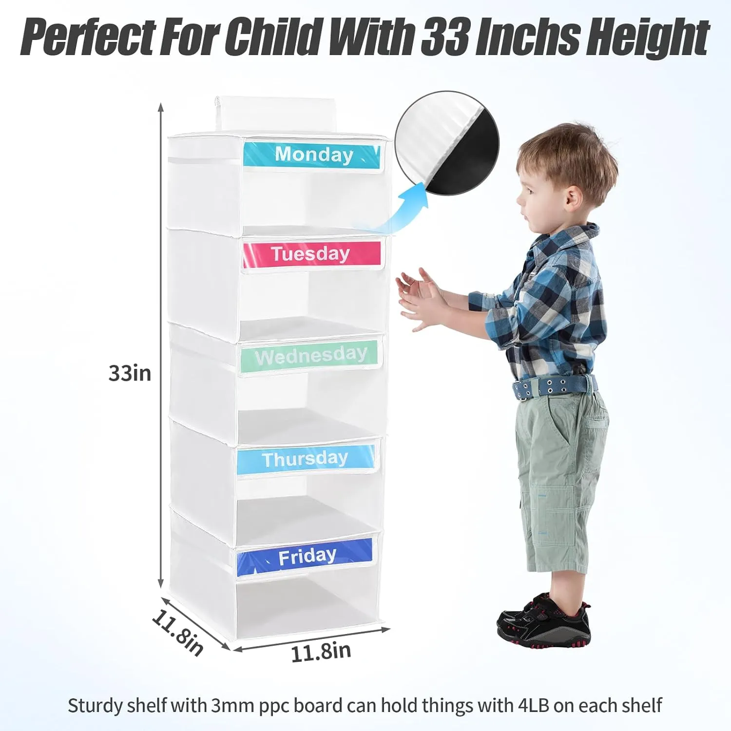 5-Shelf Weekly Clothes Organizer for Kids,Hanging Closet Shelves,Collapsible Monday Friday Clothes Organizer,School Clothes Organizer Day of Week,Dorm Room Essential Daily Kids Closet Organizer