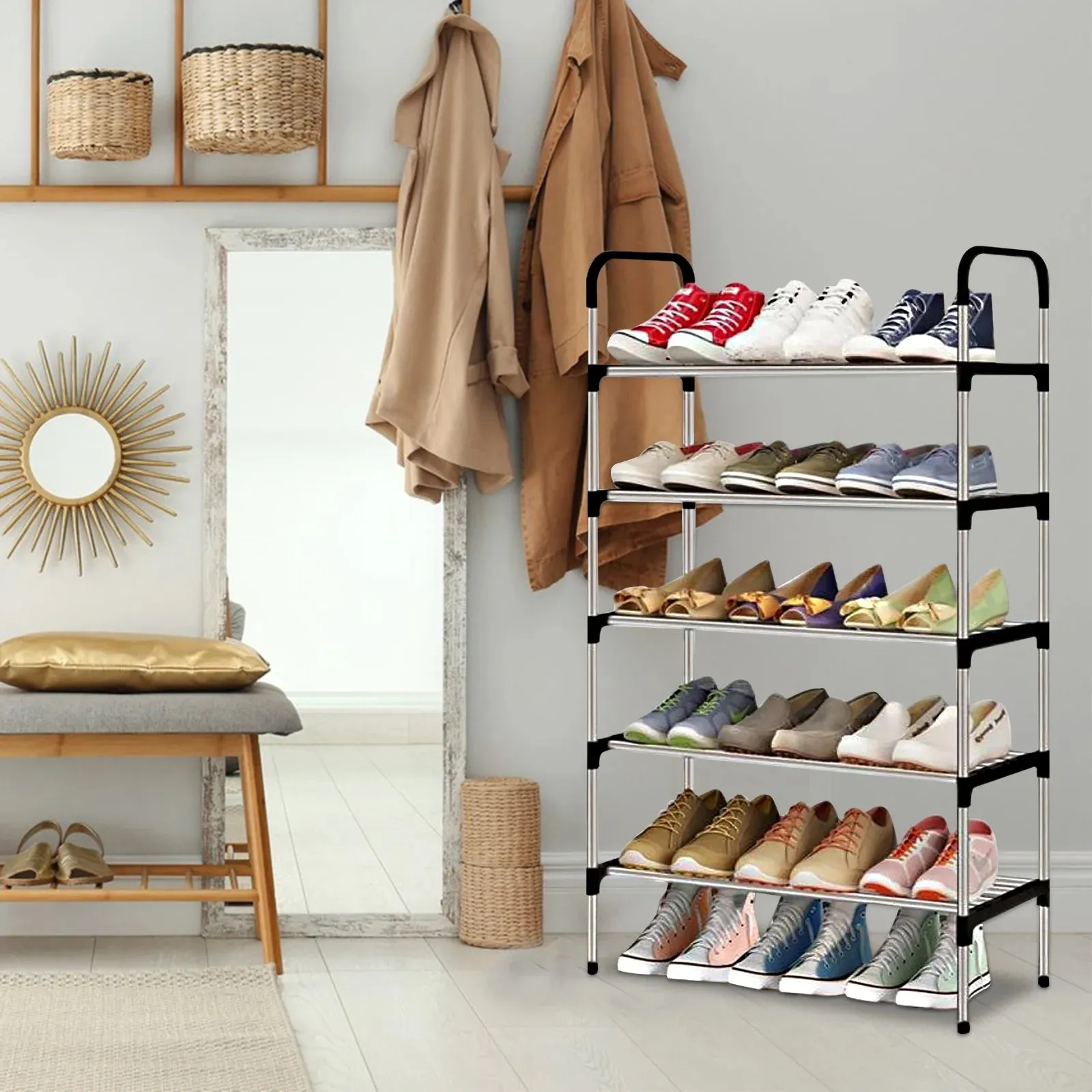 5-Tier Stackable Metal Shoe Rack - 15-Pair Organizer for Closet and Entryway Storage