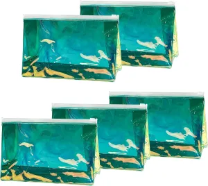 5PCS Holographic Clear Makeup Bag Bulk,Zipper Portable Waterproof Toiletry Pouch,Iridescent Storage Cosmetic Bags for Women (Dark Green-5pcs)