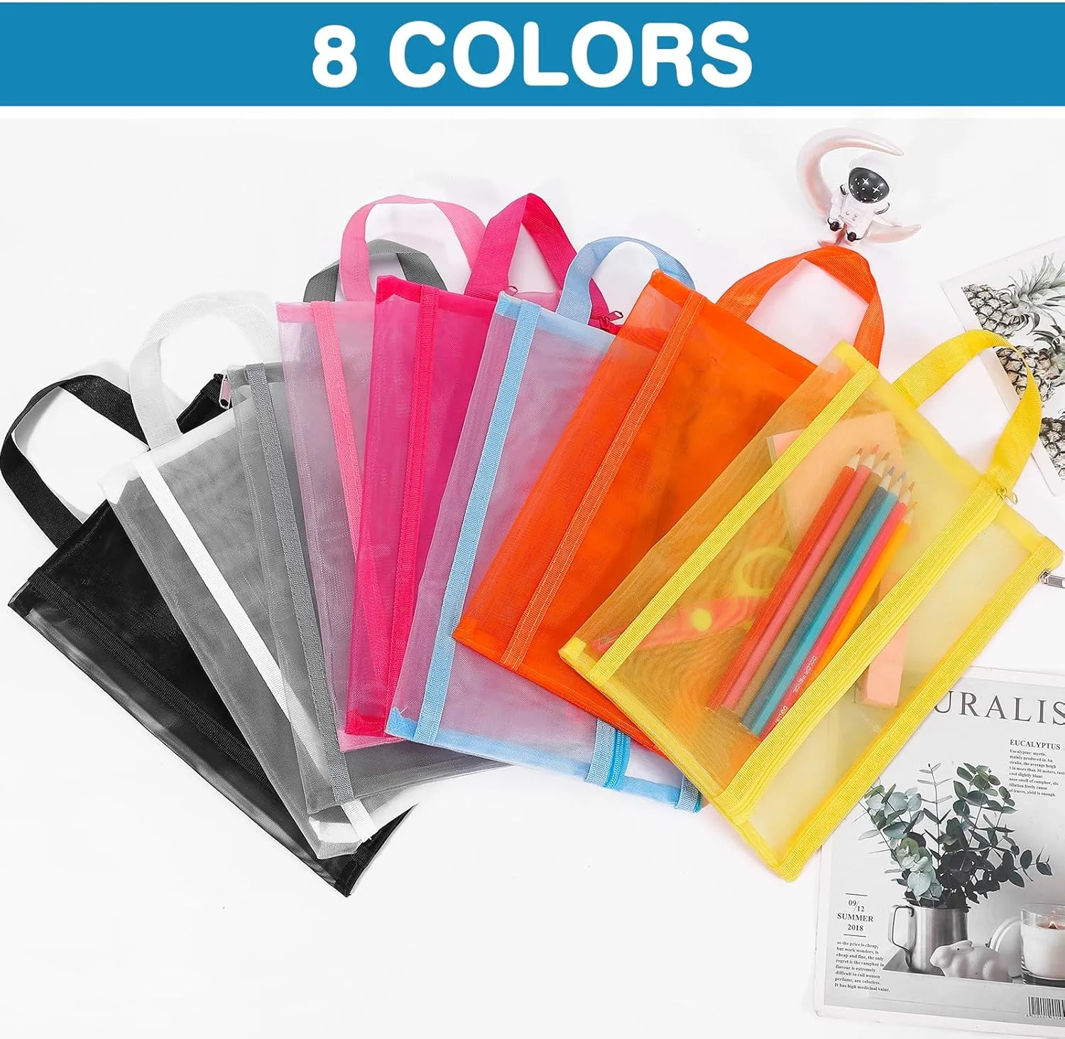 6 Pack Mesh Zipper Pouch Bags, Double Layer Nylon Pouch with Handle for Office Travel Organization (Black, A4)