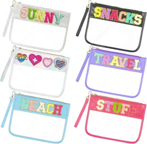6 Pcs Chenille Letter Bag Stuff Bags Clear for Travel Cosmetic Pouch with Wristlet Clear Snack Bags Nylon Travel Gym Beach Bag Multipurpose Makeup Bag for Women Girl (6 Pack)
