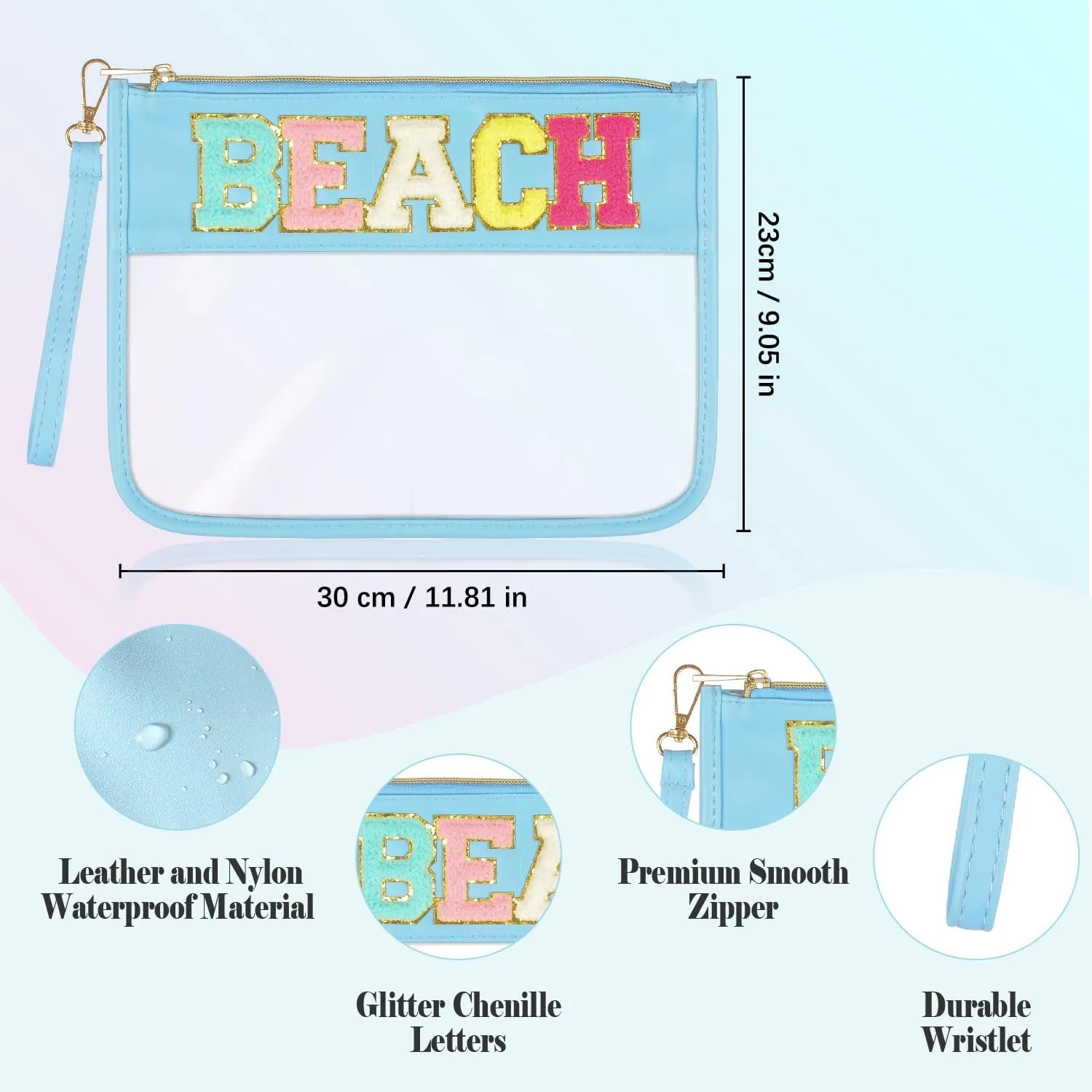 6 Pcs Chenille Letter Bag Stuff Bags Clear for Travel Cosmetic Pouch with Wristlet Clear Snack Bags Nylon Travel Gym Beach Bag Multipurpose Makeup Bag for Women Girl (6 Pack)