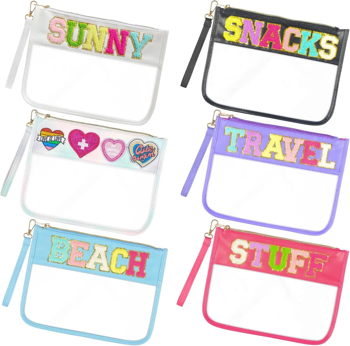 6 Pcs Chenille Letter Bag Stuff Bags Clear for Travel Cosmetic Pouch with Wristlet Clear Snack Bags Nylon Travel Gym Beach Bag Multipurpose Makeup Bag for Women Girl (6 Pack)