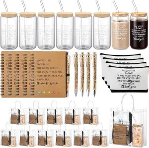 60 Pcs/12 Sets Employee Inspirational Gifts Bulk Glass Cup Notebook with Sticky Notes,Pen,Cosmetic Bag and Handbag Thank You Gifts for Mother's Day,Father's Day Volunteer Teacher Nurse