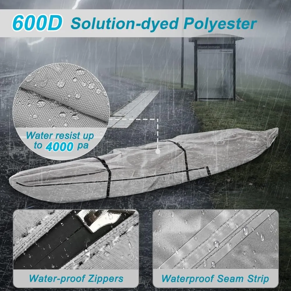 600D Fade and Tear Resistant Trailerable Kayak Cover with Waterproof Zipper, Waterproof & UV-proof Heavy Duty Canoe Cover for Indoor/Outdoor Storage