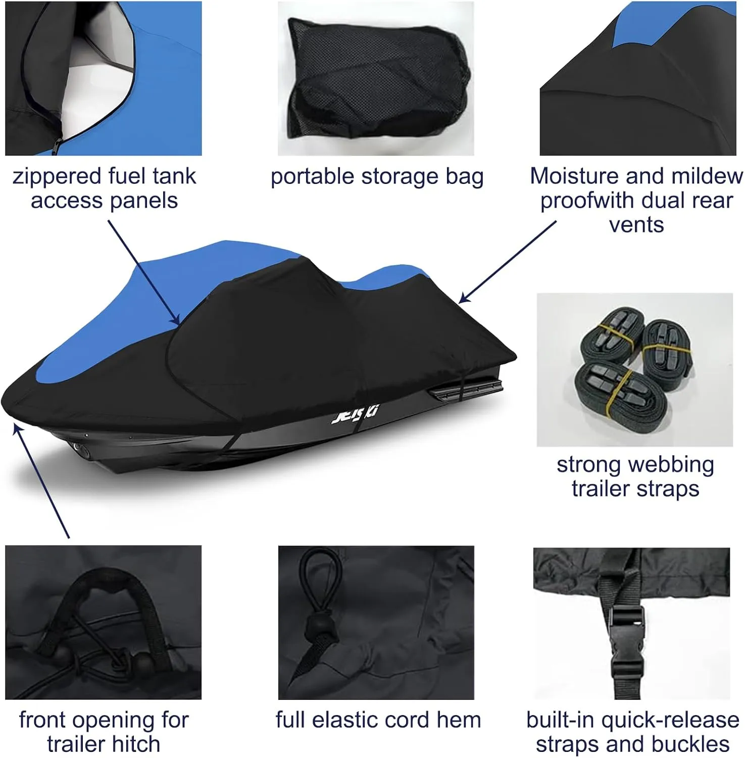 600D Jet Ski Cover - Trailerable Seadoo Cover, Waterproof Jetski Cover, PWC Cover Fits Seadoo, Yamaha, Jet Ski Watercraft Cover Fits from 96"-102" (1 seat), Blue & Black