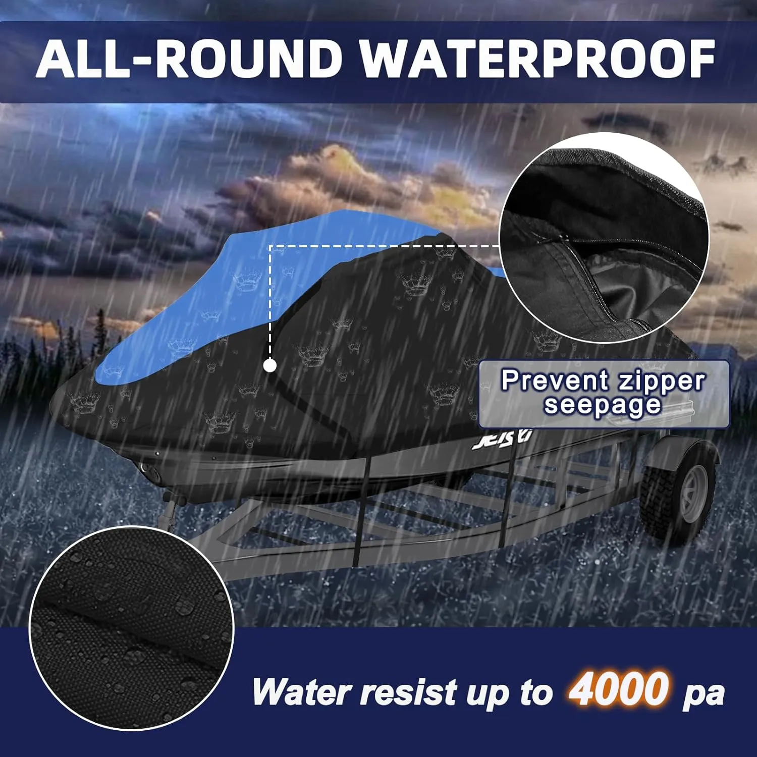 600D Jet Ski Cover - Trailerable Seadoo Cover, Waterproof Jetski Cover, PWC Cover Fits Seadoo, Yamaha, Jet Ski Watercraft Cover Fits from 96"-102" (1 seat), Blue & Black