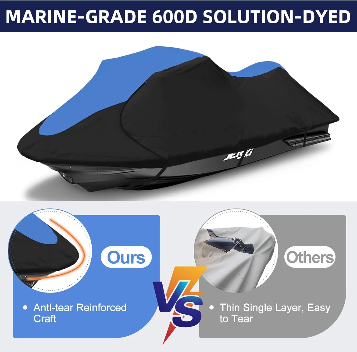 600D Jet Ski Cover - Trailerable Seadoo Cover, Waterproof Jetski Cover, PWC Cover Fits Seadoo, Yamaha, Jet Ski Watercraft Cover Fits from 96"-102" (1 seat), Blue & Black