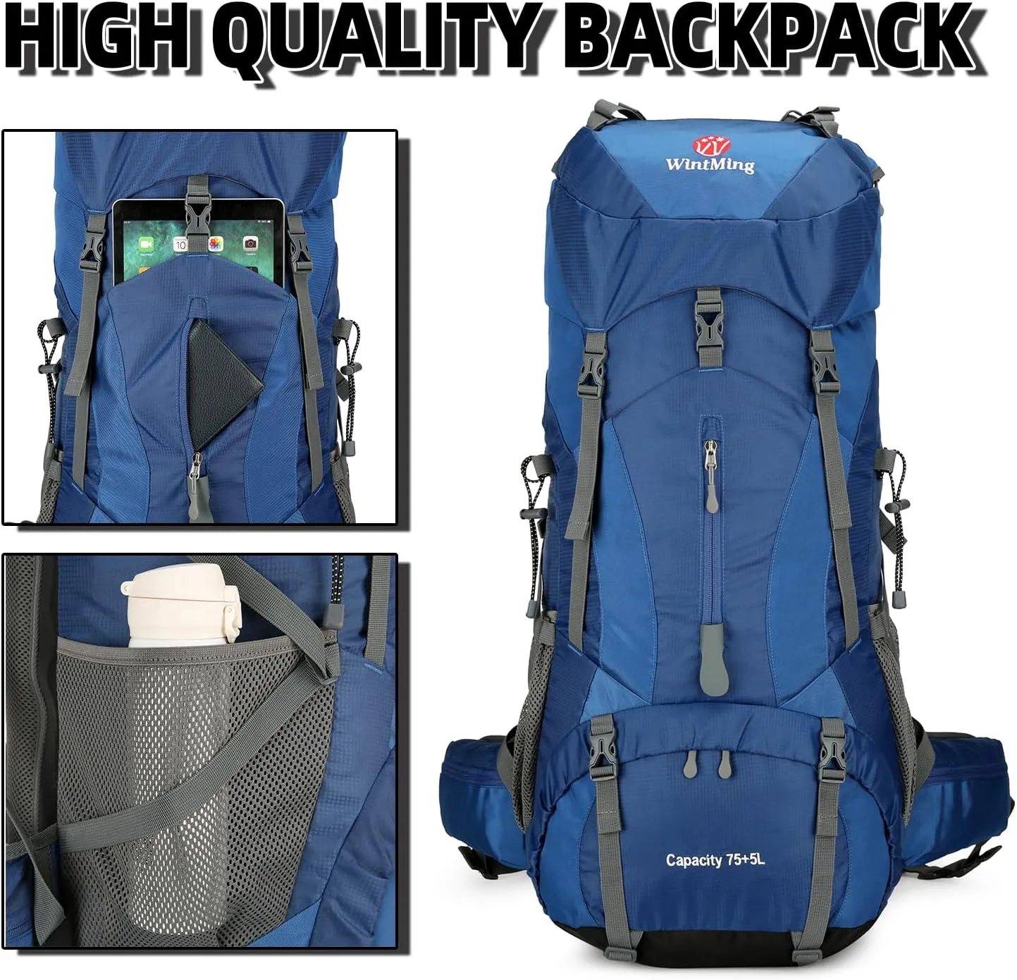 75L Hiking Backpack for Men Women Daypack Backpack Outdoor Waterproof Camping Backpack with Rain Cover (Navy Blue)