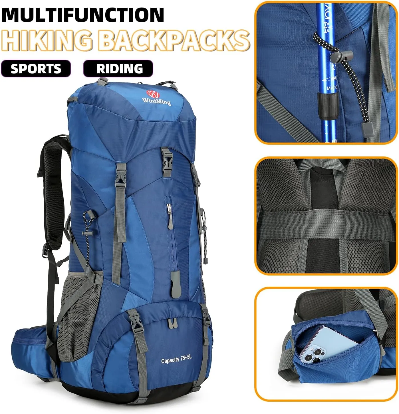 75L Hiking Backpack for Men Women Daypack Backpack Outdoor Waterproof Camping Backpack with Rain Cover (Navy Blue)