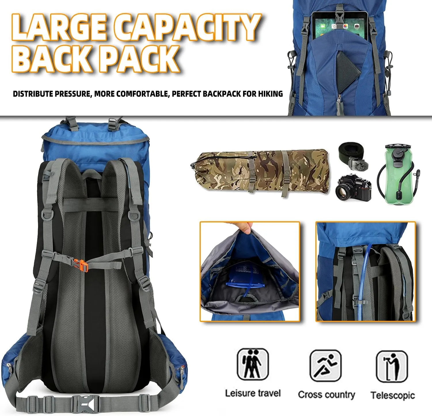 75L Hiking Backpack for Men Women Daypack Backpack Outdoor Waterproof Camping Backpack with Rain Cover (Navy Blue)