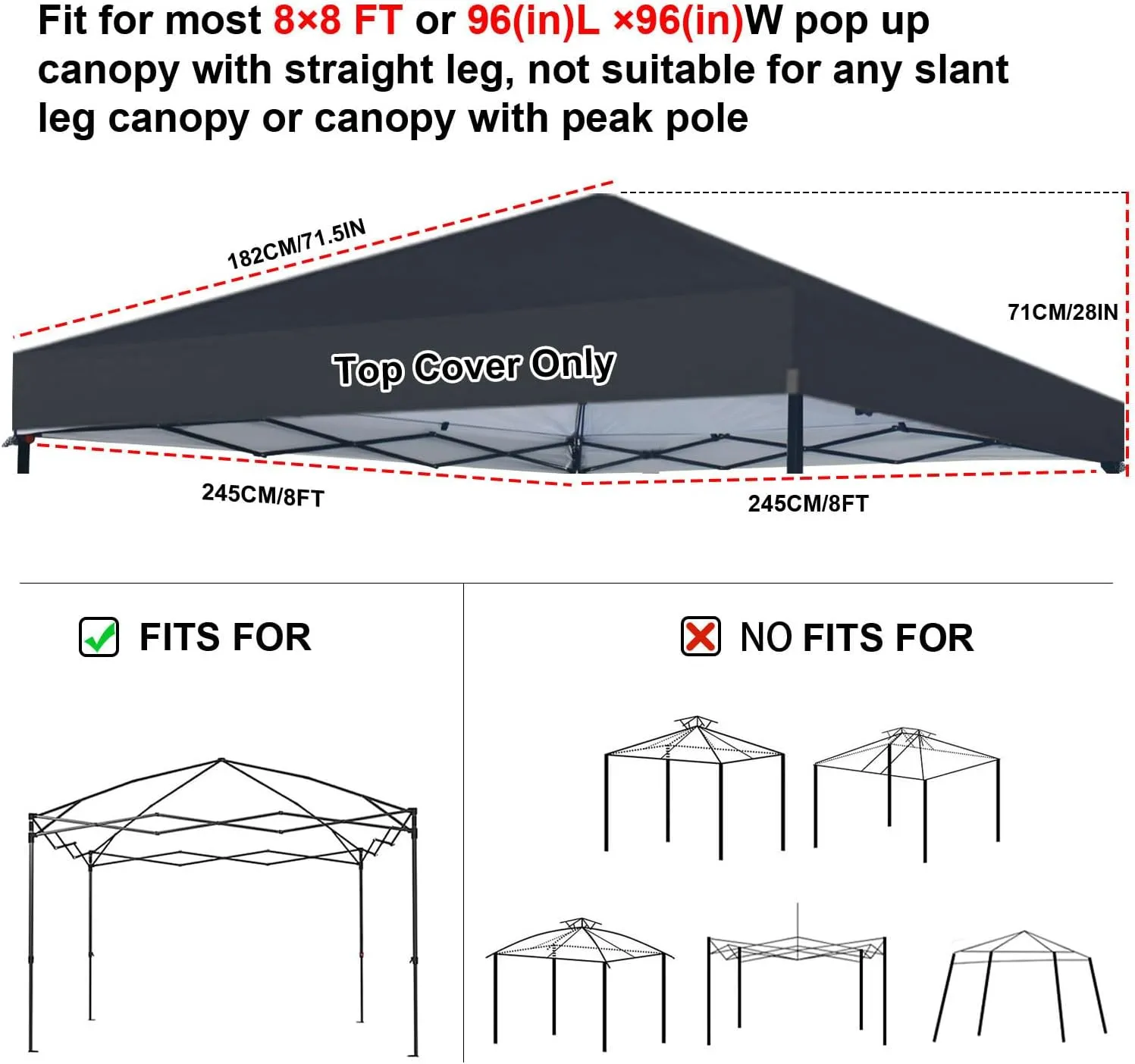 8×8 Canopy Replacement Top Only, Waterproof Pop Up Canopy Tent Cover with Windproof Ropes for Straight Leg Frame, Canopy Top Sunshade Sliver Coated for Outdoor Garden Patio Camping(Black)