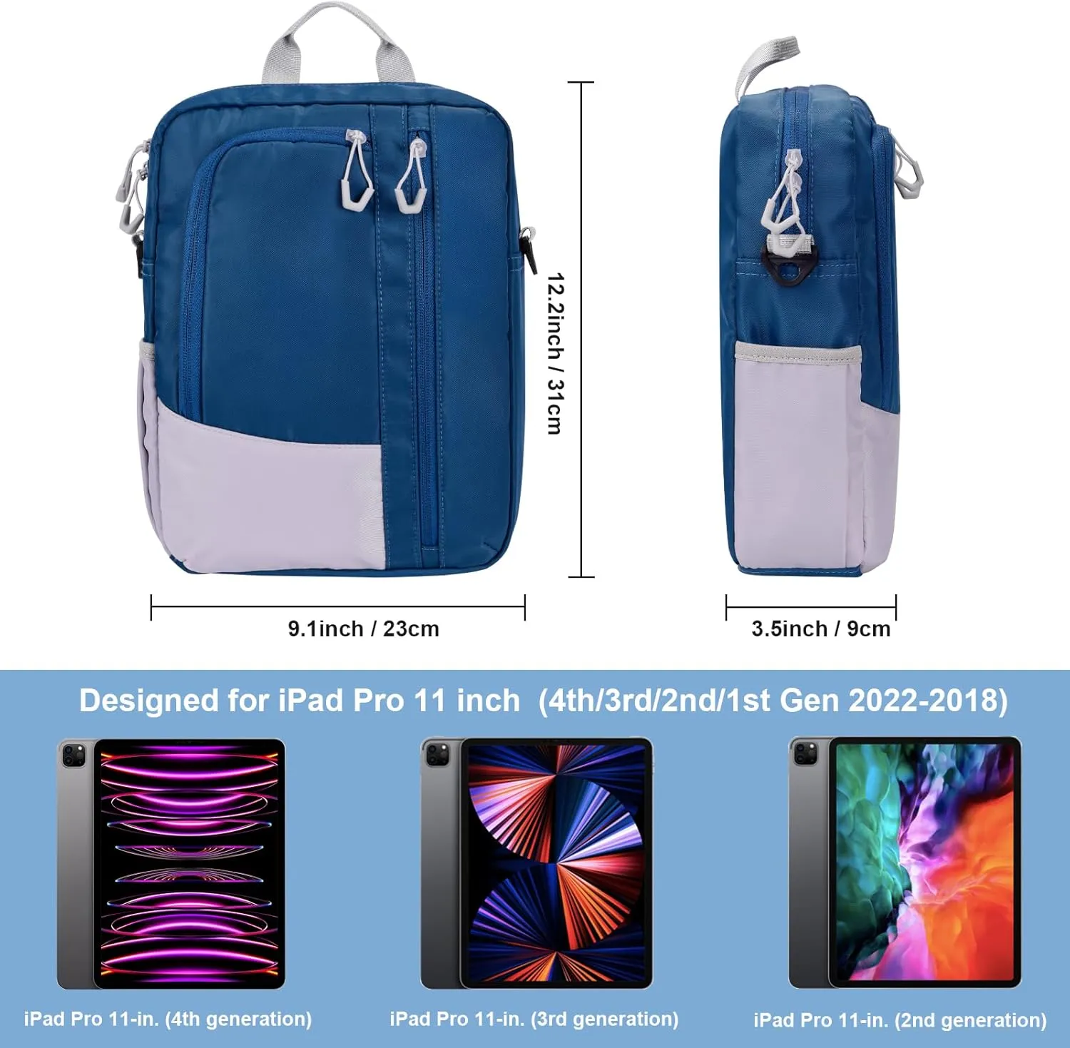 9-11 Inch Tablet Sleeve Bag, Padded Carrying Travel Case for iPad Pro 11-in, Galaxy Tab S9, with Shoulder Strap (Bluish Green)