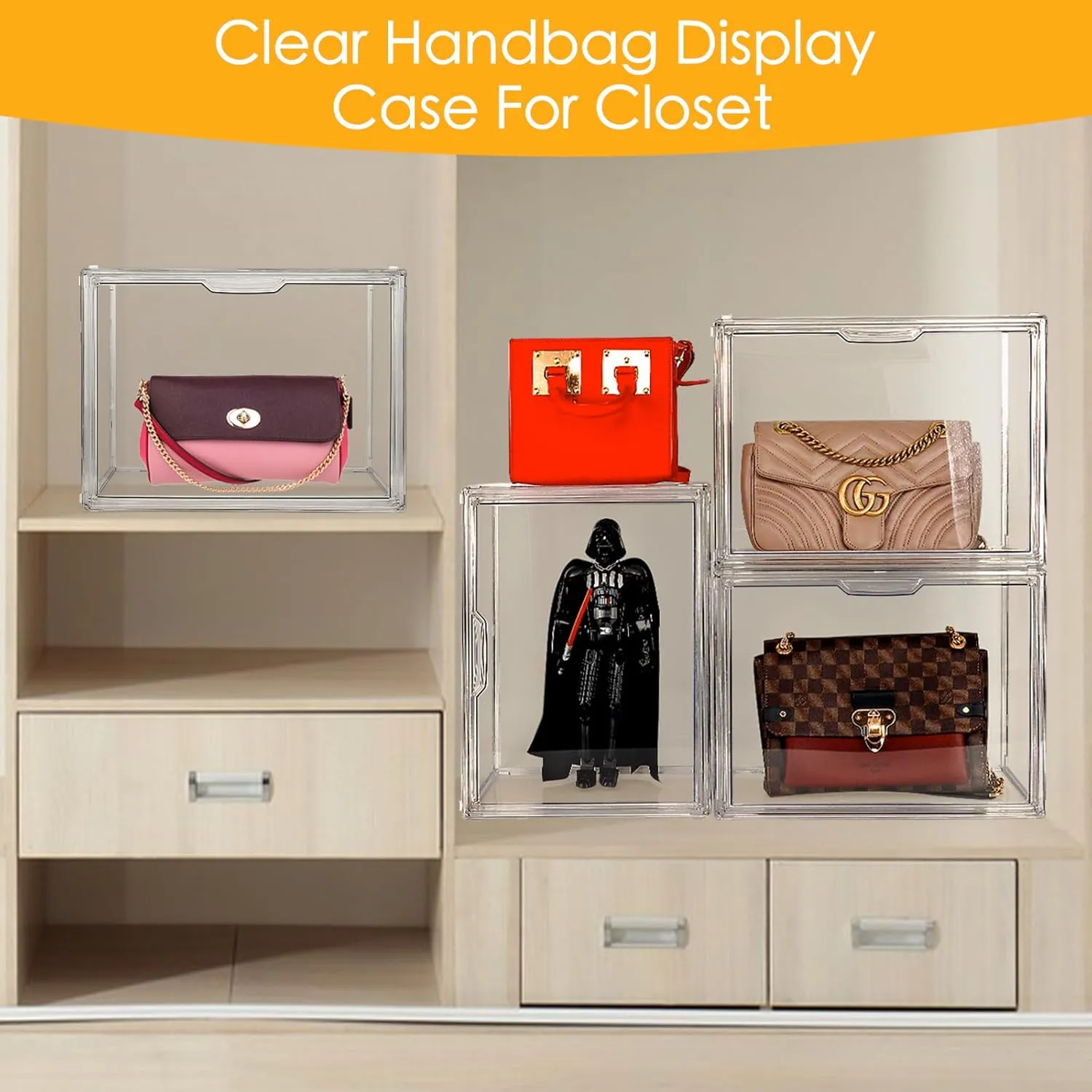 9Pack Purse Organizer for Closet Clear Acrylic Display Case Handbag Storage Organizer Box with Magnetic Door Stackable Storage Bins with Dustproof Lid for Book Toys Shoes Cosmetic Collectibles