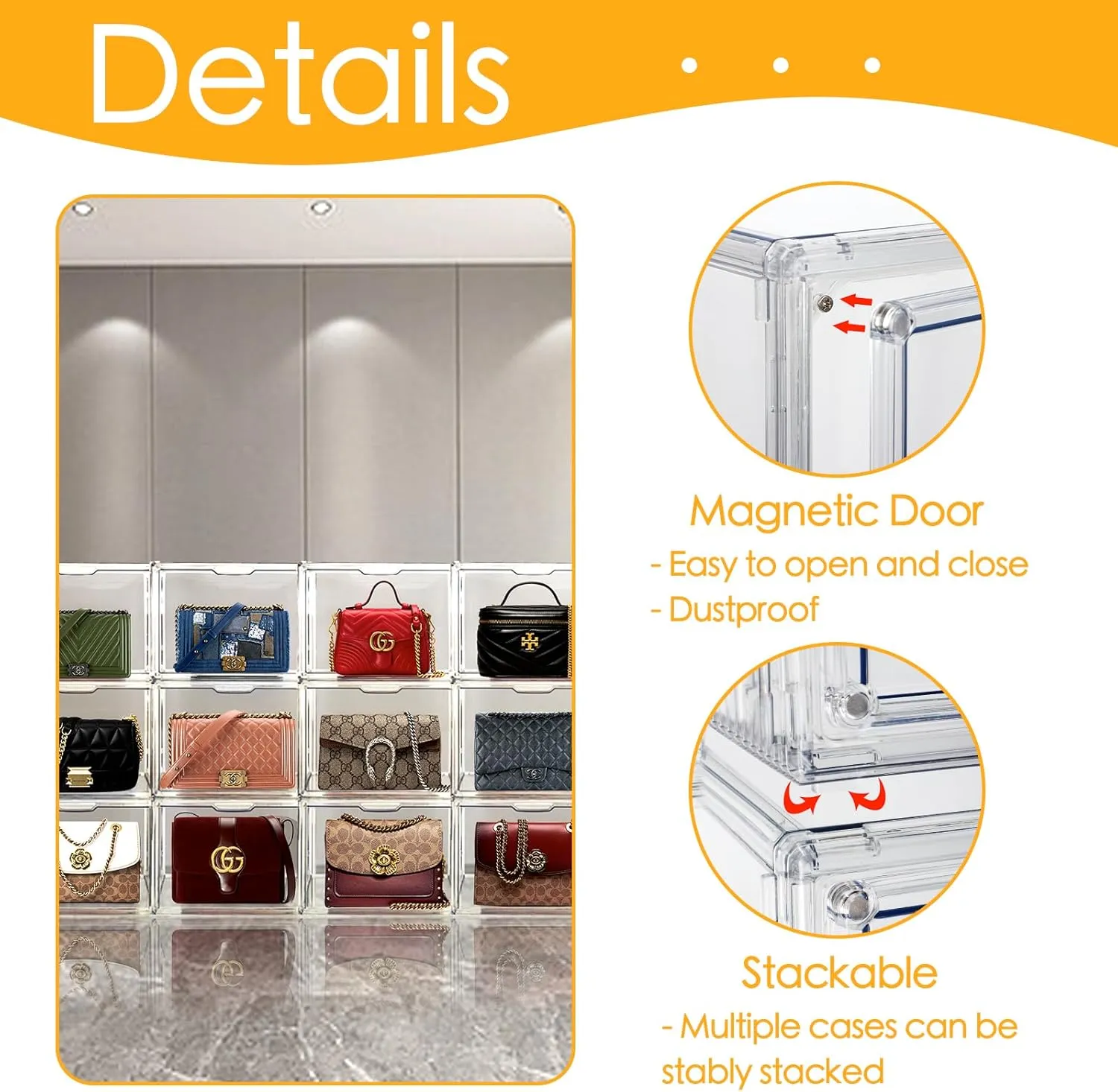 9Pack Purse Organizer for Closet Clear Acrylic Display Case Handbag Storage Organizer Box with Magnetic Door Stackable Storage Bins with Dustproof Lid for Book Toys Shoes Cosmetic Collectibles