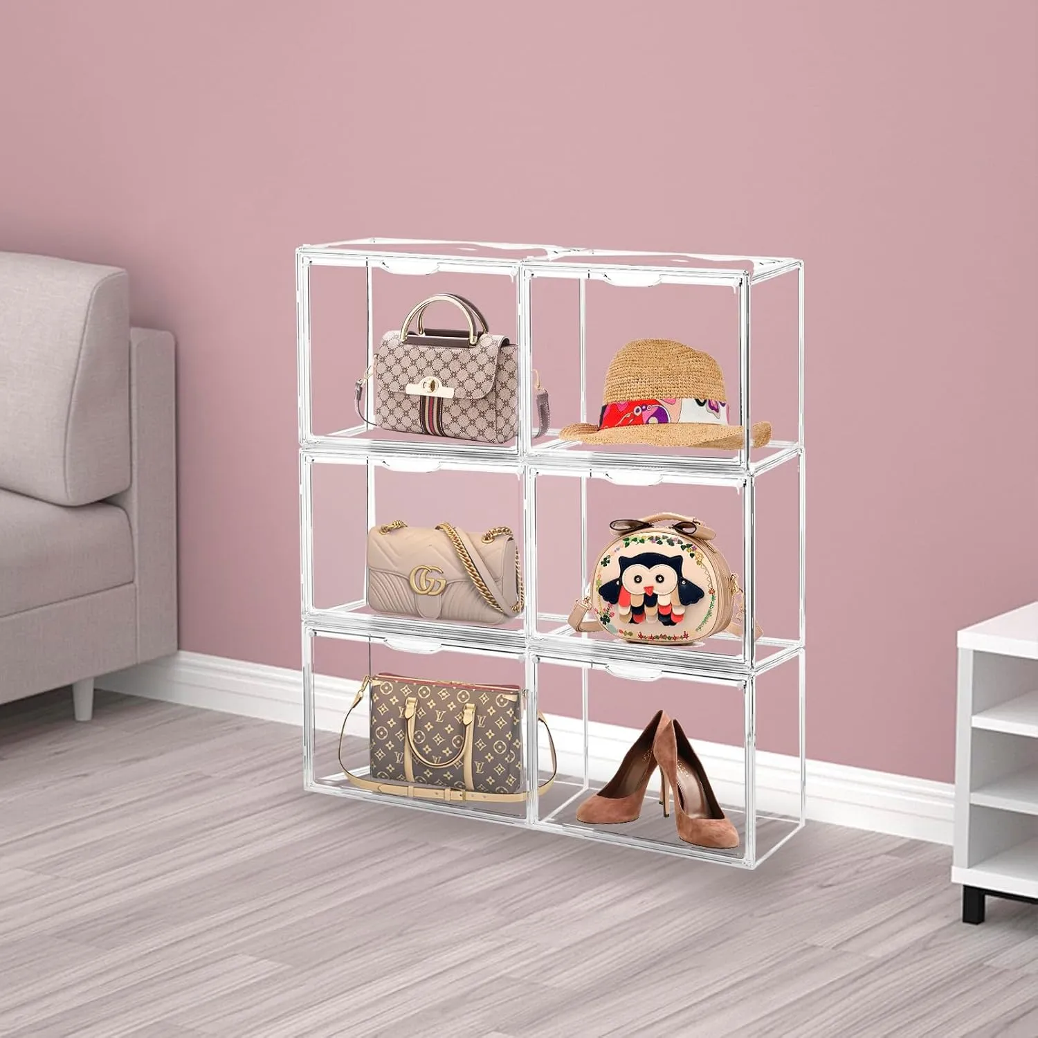 9Pack Purse Organizer for Closet Clear Acrylic Display Case Handbag Storage Organizer Box with Magnetic Door Stackable Storage Bins with Dustproof Lid for Book Toys Shoes Cosmetic Collectibles