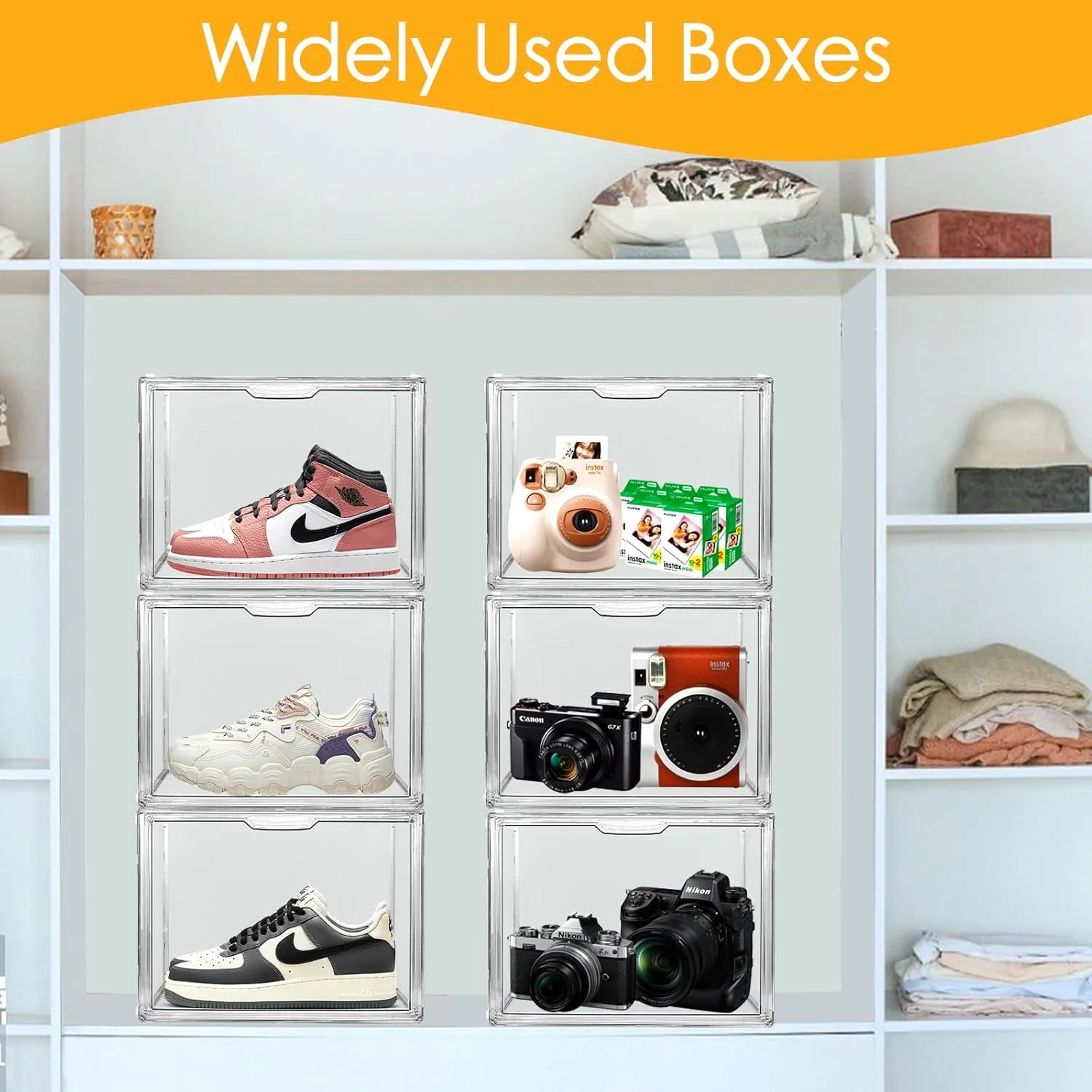 9Pack Purse Organizer for Closet Clear Acrylic Display Case Handbag Storage Organizer Box with Magnetic Door Stackable Storage Bins with Dustproof Lid for Book Toys Shoes Cosmetic Collectibles