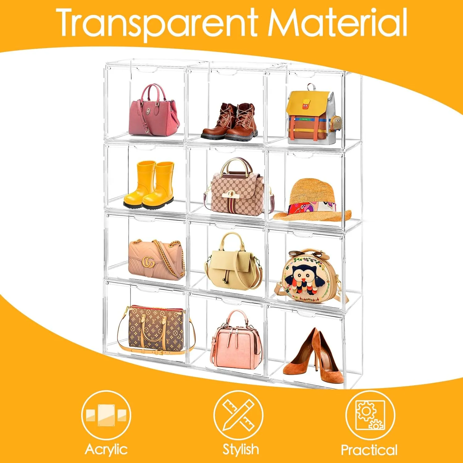 9Pack Purse Organizer for Closet Clear Acrylic Display Case Handbag Storage Organizer Box with Magnetic Door Stackable Storage Bins with Dustproof Lid for Book Toys Shoes Cosmetic Collectibles