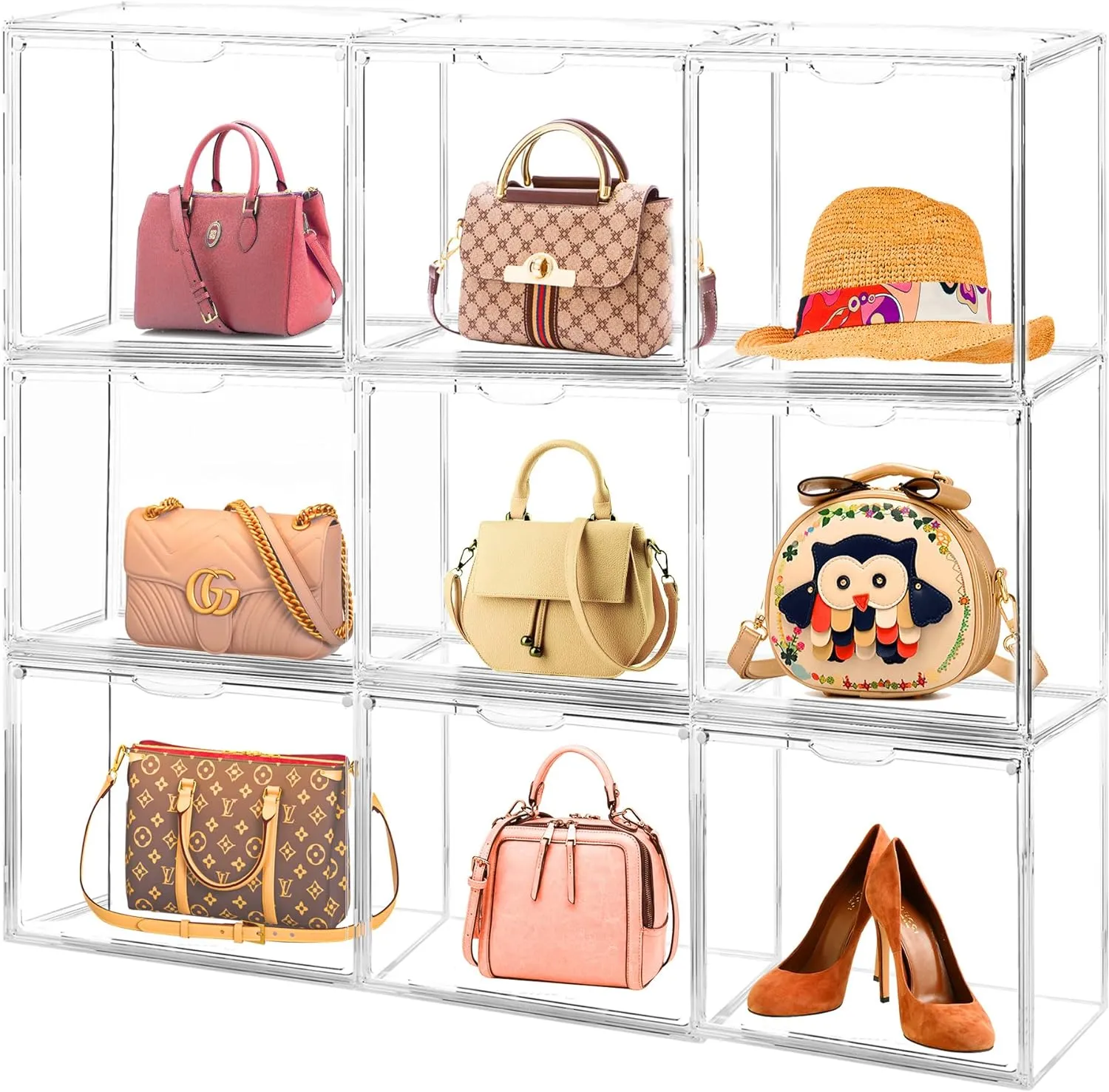 9Pack Purse Organizer for Closet Clear Acrylic Display Case Handbag Storage Organizer Box with Magnetic Door Stackable Storage Bins with Dustproof Lid for Book Toys Shoes Cosmetic Collectibles
