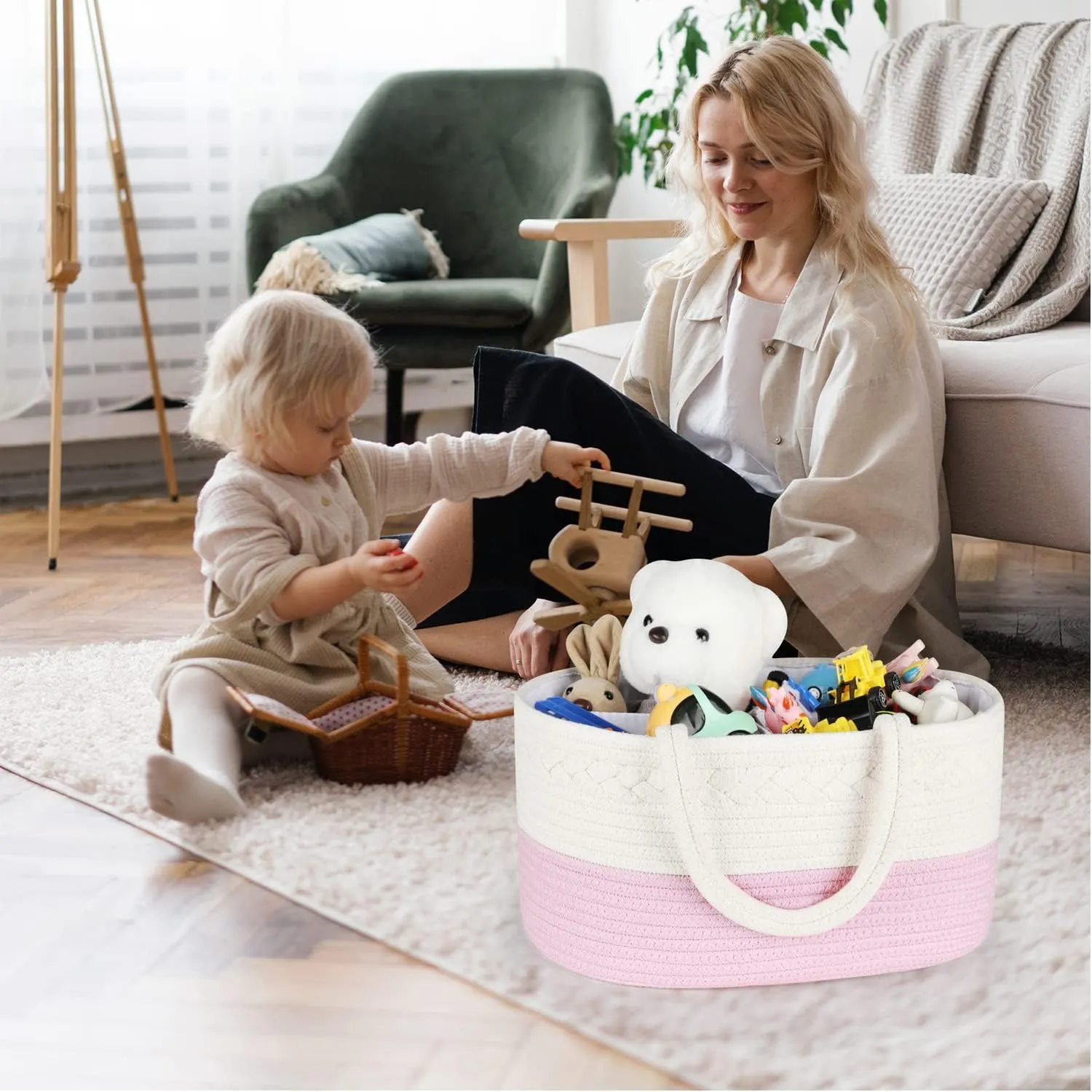 ABenkle Diaper Caddy Organizer - Cotton Rope Nursery Storage Basket for Baby Essentials, Boys & Girls Shower Gift, Changing Table Organizer, Pink