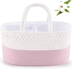 ABenkle Diaper Caddy Organizer - Cotton Rope Nursery Storage Basket for Baby Essentials, Boys & Girls Shower Gift, Changing Table Organizer, Pink