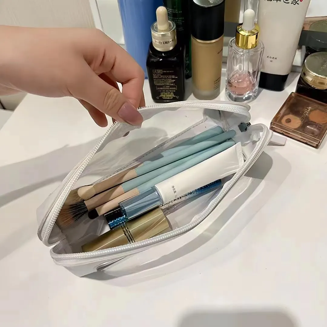 Aesthetic Clear Makeup Bags, Travel Cosmetic Zipper Pouch for Women, Transparent Makeup Organizer Storage Case for Make Up Brushes, Clear Travel Toiletry Bags for Girls in Portable Size (Red)
