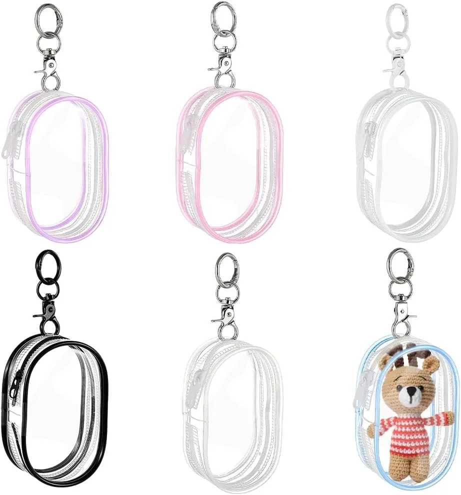 AHANDMAKER 6Pcs Clear Figure Display Bag with Keychain, Portable Small Doll Storage Bag Hanging Blind Box Organizer Mini Figures Carrying Case Bag Pouch Collectibles Case for Dolls(Oval)