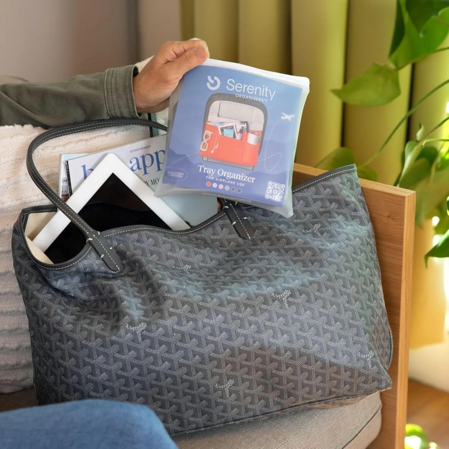 Airplane Tray Organizer/Tote with 4 Storage Pockets, Back Seat Airplane Tray Cover, Converts into a Drawstring Tote, Washable, Durable & Lightweight (2.8 oz) Airplane Travel Essentials