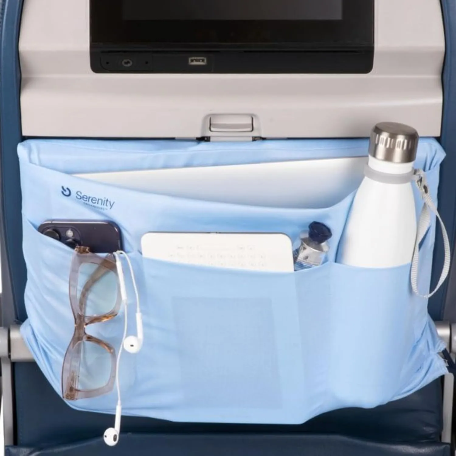 Airplane Tray Organizer/Tote with 4 Storage Pockets, Back Seat Airplane Tray Cover, Converts into a Drawstring Tote, Washable, Durable & Lightweight (2.8 oz) Airplane Travel Essentials