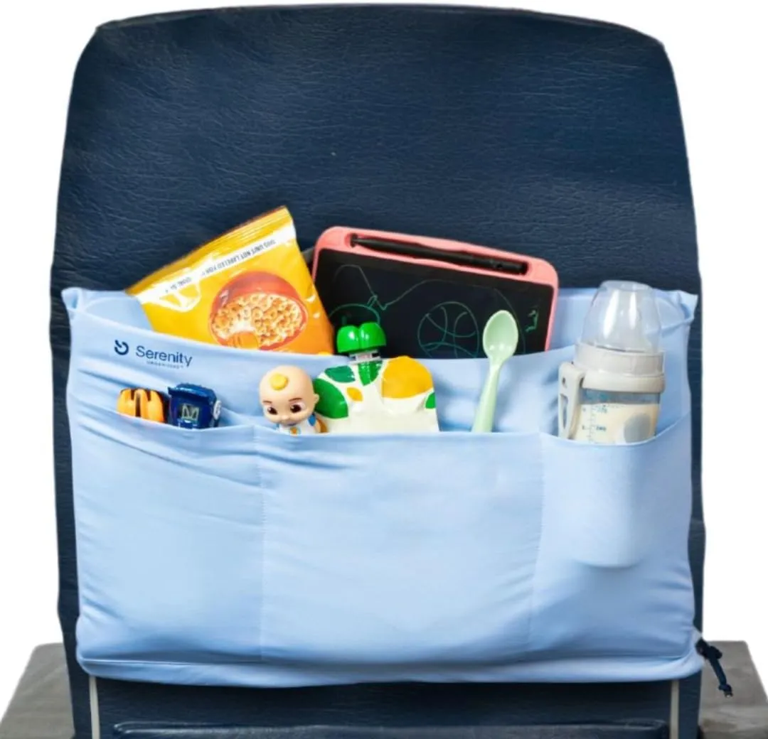 Airplane Tray Organizer/Tote with 4 Storage Pockets, Back Seat Airplane Tray Cover, Converts into a Drawstring Tote, Washable, Durable & Lightweight (2.8 oz) Airplane Travel Essentials