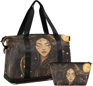 AIXIWAWA Duffel Bag Fantasy Celestial Woman Print for Travel Gym with Shoes Compartment Large Capacity with Toiletry Bag
