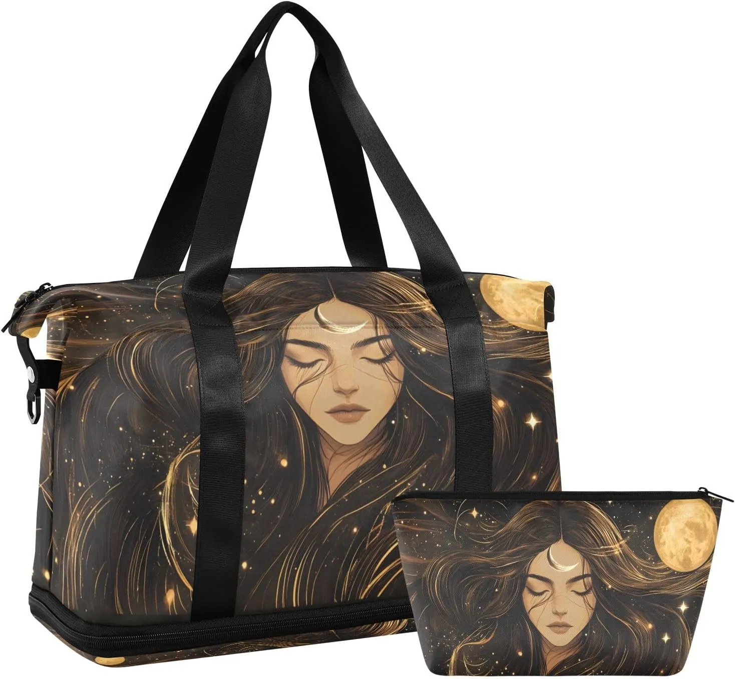 AIXIWAWA Duffel Bag Fantasy Celestial Woman Print for Travel Gym with Shoes Compartment Large Capacity with Toiletry Bag