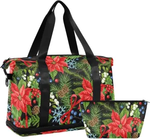 ALAZA Christmas Poinsettia Pines Branches Travel Duffel Bag for Women Men Sports Gym Bag with Shoe Compartment Tote Weekender Overnight Bag with Wet Pocket for Travel, Gym,Yoga,Swimming