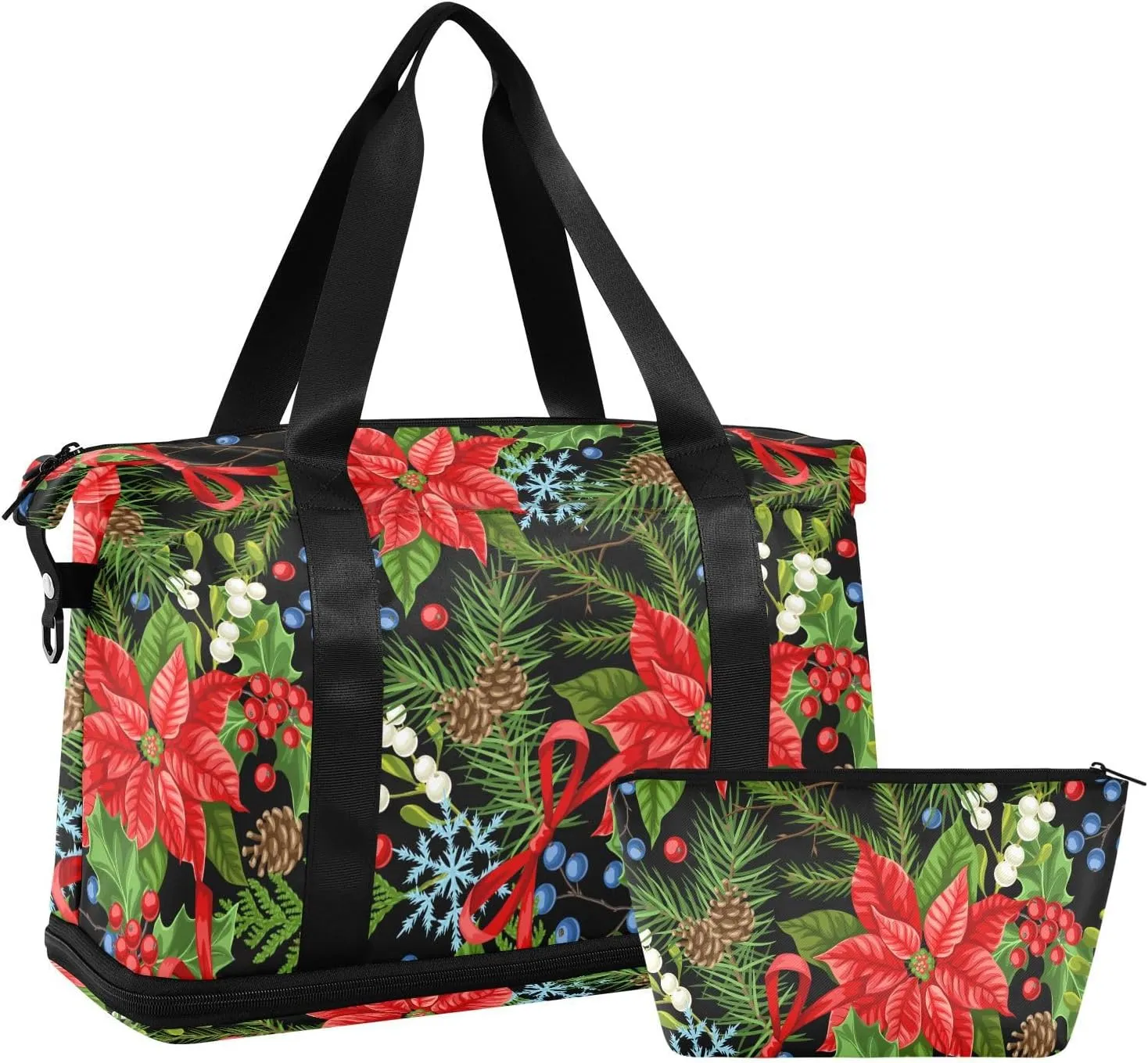 ALAZA Christmas Poinsettia Pines Branches Travel Duffel Bag for Women Men Sports Gym Bag with Shoe Compartment Tote Weekender Overnight Bag with Wet Pocket for Travel, Gym,Yoga,Swimming