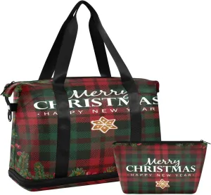 ALAZA Christmas Red and Green Plaid Pine Travel Duffel Bag for Women Men Sports Gym Bag with Shoe Compartment Tote Weekender Overnight Bag with Wet Pocket for Travel, Gym,Yoga,Swimming