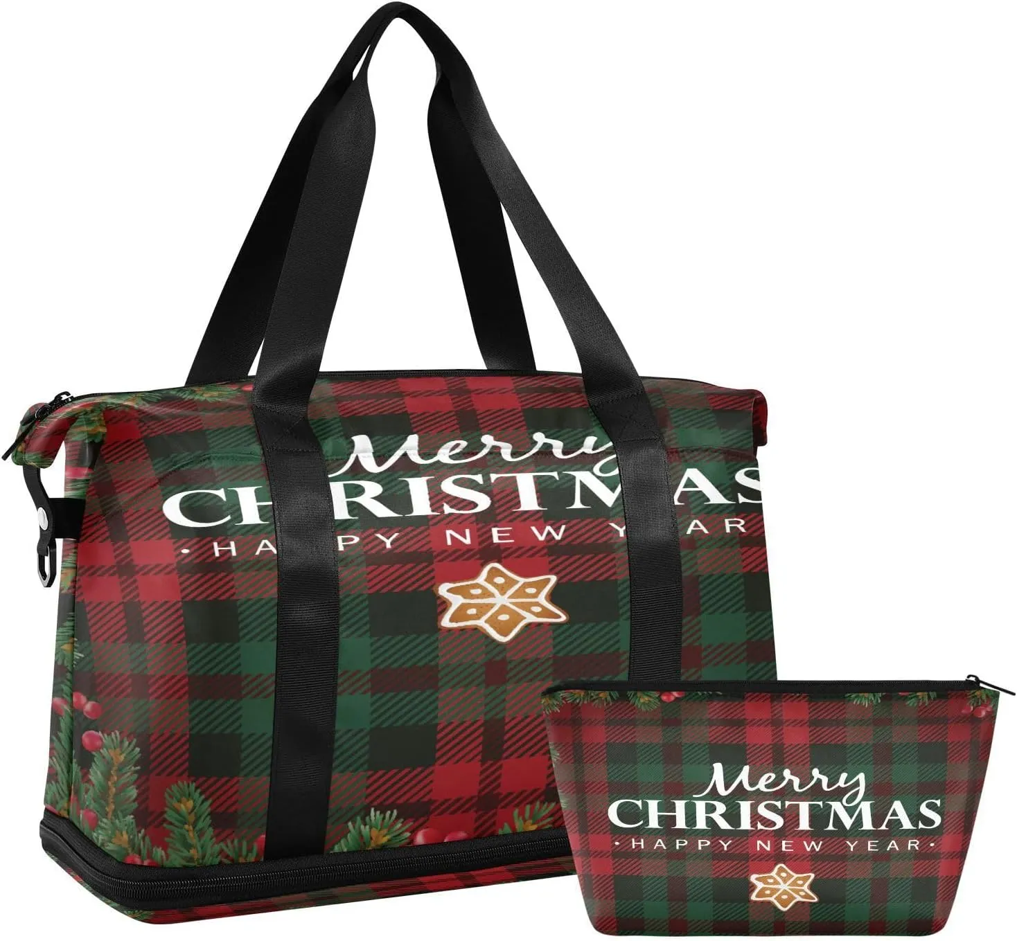 ALAZA Christmas Red and Green Plaid Pine Travel Duffel Bag for Women Men Sports Gym Bag with Shoe Compartment Tote Weekender Overnight Bag with Wet Pocket for Travel, Gym,Yoga,Swimming