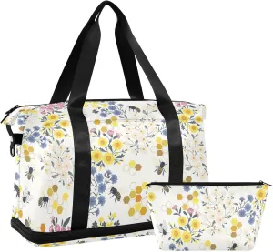 ALAZA Cute Bees Honeycomb Travel Duffel Bag for Women Men Sports Gym Bag with Shoe Compartment Tote Weekender Overnight Bag with Wet Pocket for Travel, Gym,Yoga,Swimming