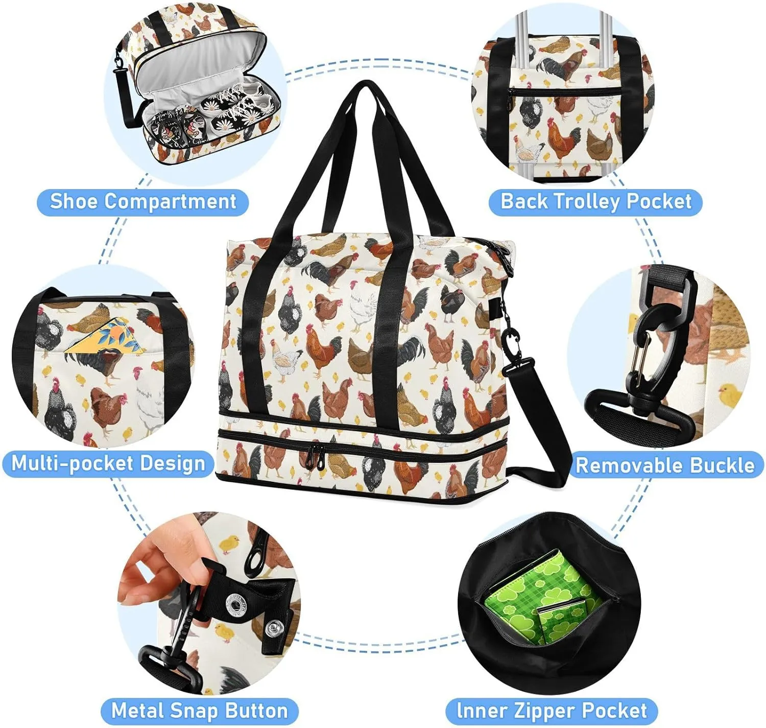 ALAZA Hens Roosters and Chickens Travel Duffel Bag for Women Men Sports Gym Bag with Shoe Compartment Tote Weekender Overnight Bags with Wet Pocket for Travel,Gym,Yoga,Swimming